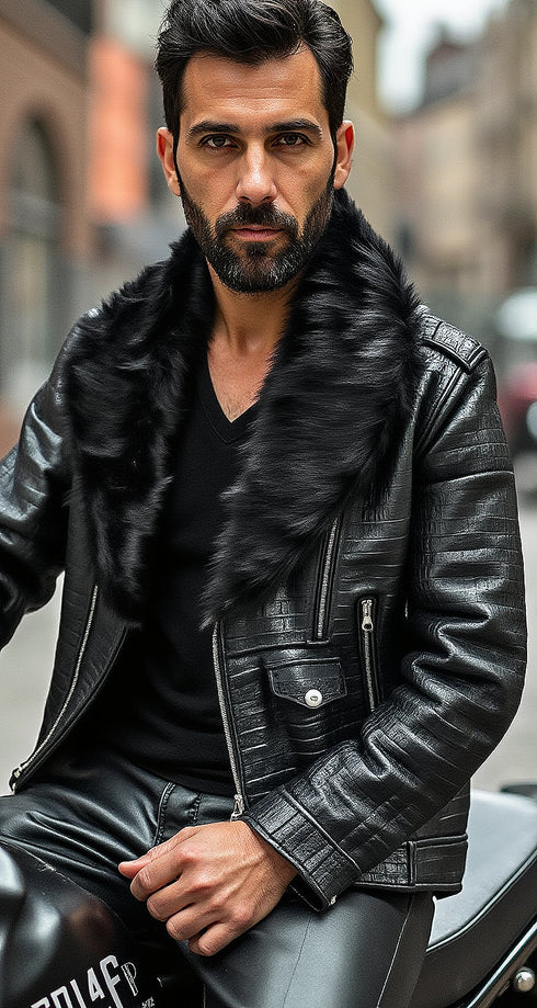 HEED NYC Men's Signature Embossed Leather Moto Jacket