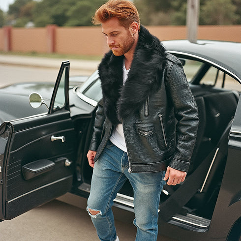 HEED NYC Men's Signature Embossed Leather Moto Jacket