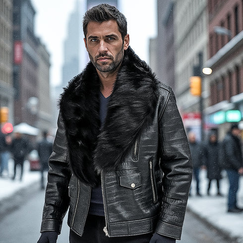 HEED NYC Men's Signature Embossed Leather Moto Jacket