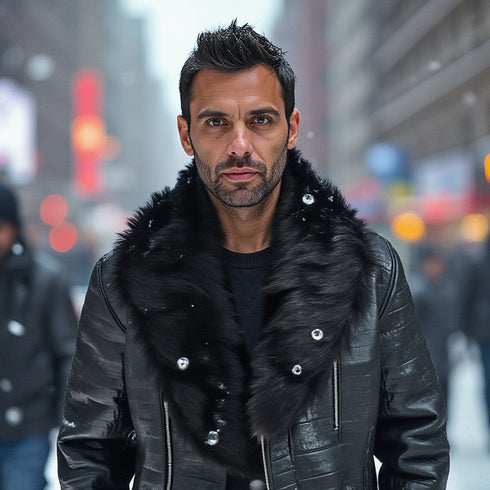 HEED NYC Men's Signature Embossed Leather Moto Jacket