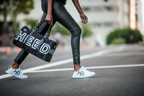 HEED NYC Women's Classic White with Black Heel Vegan Leather Sneaker